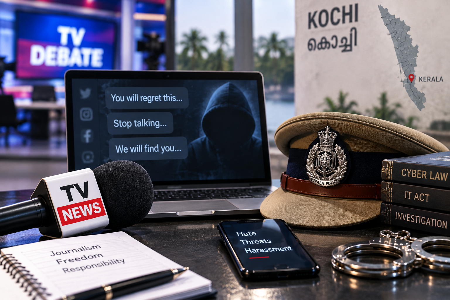 Illustration of online threats, television news and police in Kochi.